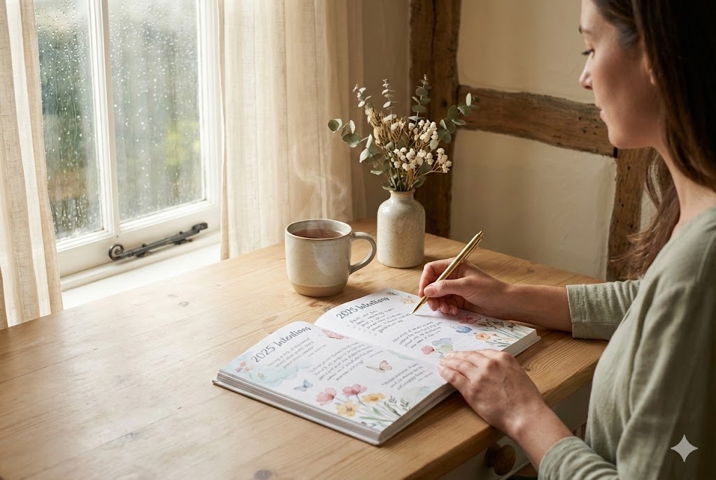 Woman journaling her goals in open diary by window with tea, setting gentle intentions 